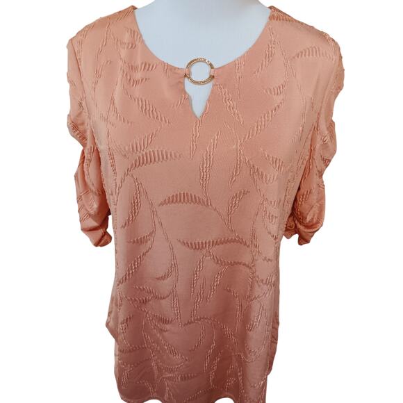 NEW‎ JM COLLECTION Dressy Blouse Tunic Top Medium Peachy Pink Shiny Stretchy - Picture 8 of 9